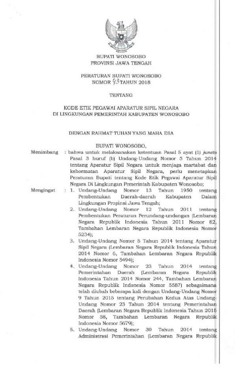 Peraturan Bupati Wonosobo No 43 tahun 2018 tentang Kode Etik Pegawai Aparatur Sipil Negara di Lingkungan Pemerintah Kabupaten Wonosobo