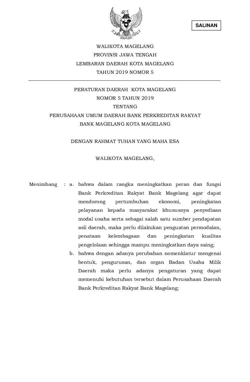 Peraturan Daerah Kota Magelang No 5 tahun 2019 tentang Perusahaan Umum Daerah Bank Perkreditan Rakyat Bank Magelang Kota Magelang