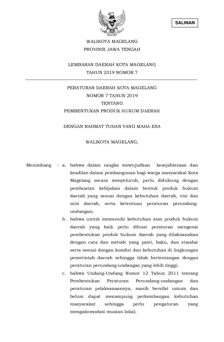 Peraturan Daerah Kota Magelang No 7 tahun 2019 tentang Pembentukan Produk Hukum Daerah