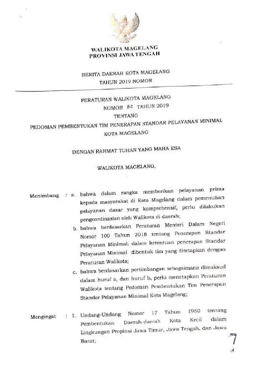 Peraturan Walikota Magelang No 82 tahun 2019 tentang Pedoman Pembentukan Tim Penerapan Standar Pelayanan Minimal Kota Magelang