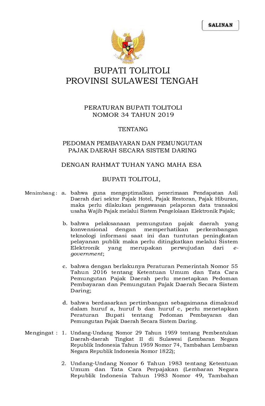 Peraturan Bupati Toli-Toli No 34 tahun 2019 tentang Pedoman Pembayaran dan Pemungutan Pajak Daerah Secara Sistem Daring