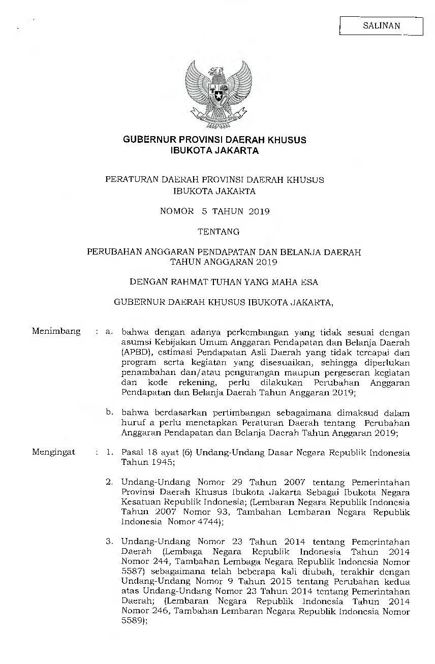 Peraturan Daerah Provinsi DKI Jakarta No 5 tahun 2019 tentang Perubahan Anggaran Pendapatan dan Belanja Daerah Tahun Anggaran 2019