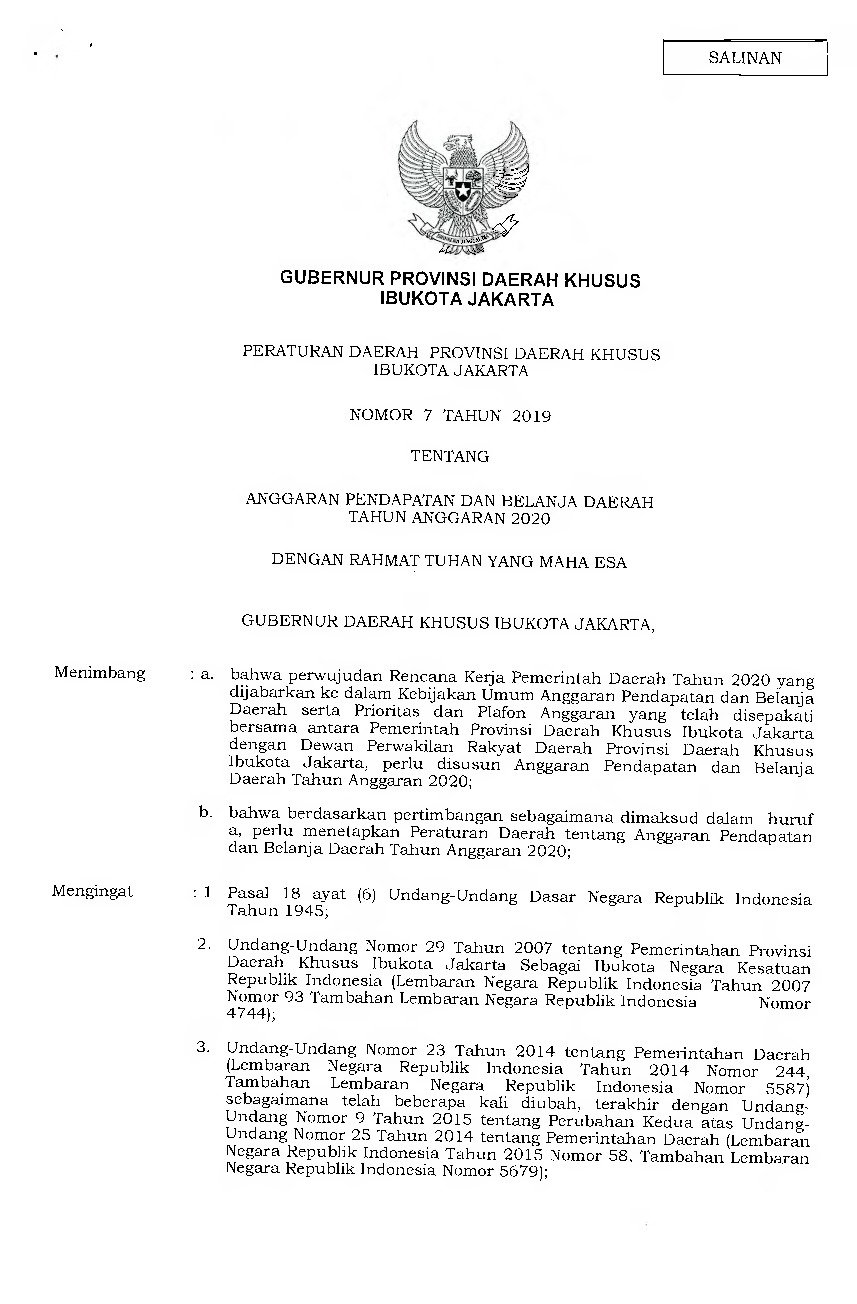 Peraturan Daerah Provinsi DKI Jakarta No 7 tahun 2019 tentang Anggaran Pendapatan dan Belanja Daerah Tahun Anggaran 2020