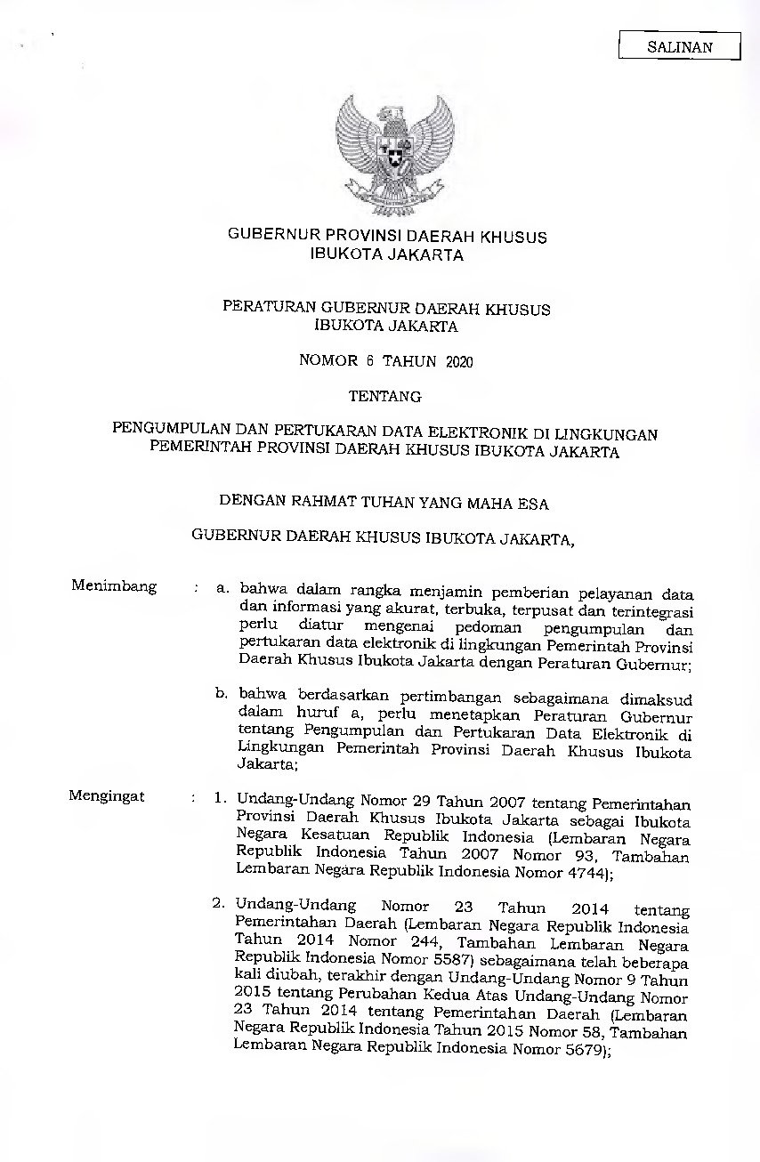 Peraturan Gubernur DKI Jakarta No 6 tahun 2020 tentang Pengumpulan dan Pertukaran Data Elektronik di Lingkungan Pemerintah Provinsi Daerah Khusus Ibukota Jakarta
