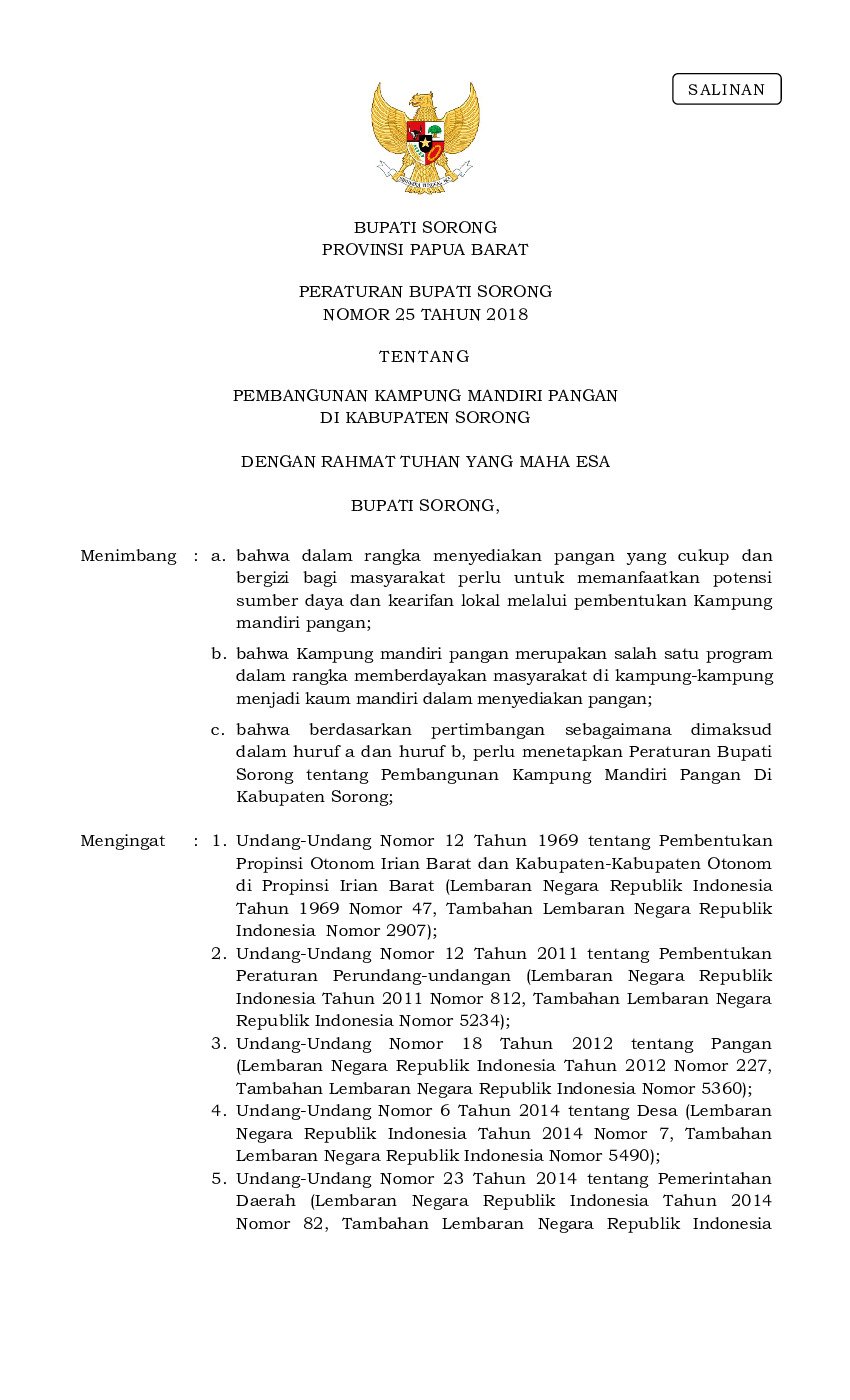 Peraturan Bupati Sorong No 25 tahun 2018 tentang Pembangunan Kampung Mandiri Pangan di Kabupaten Sorong