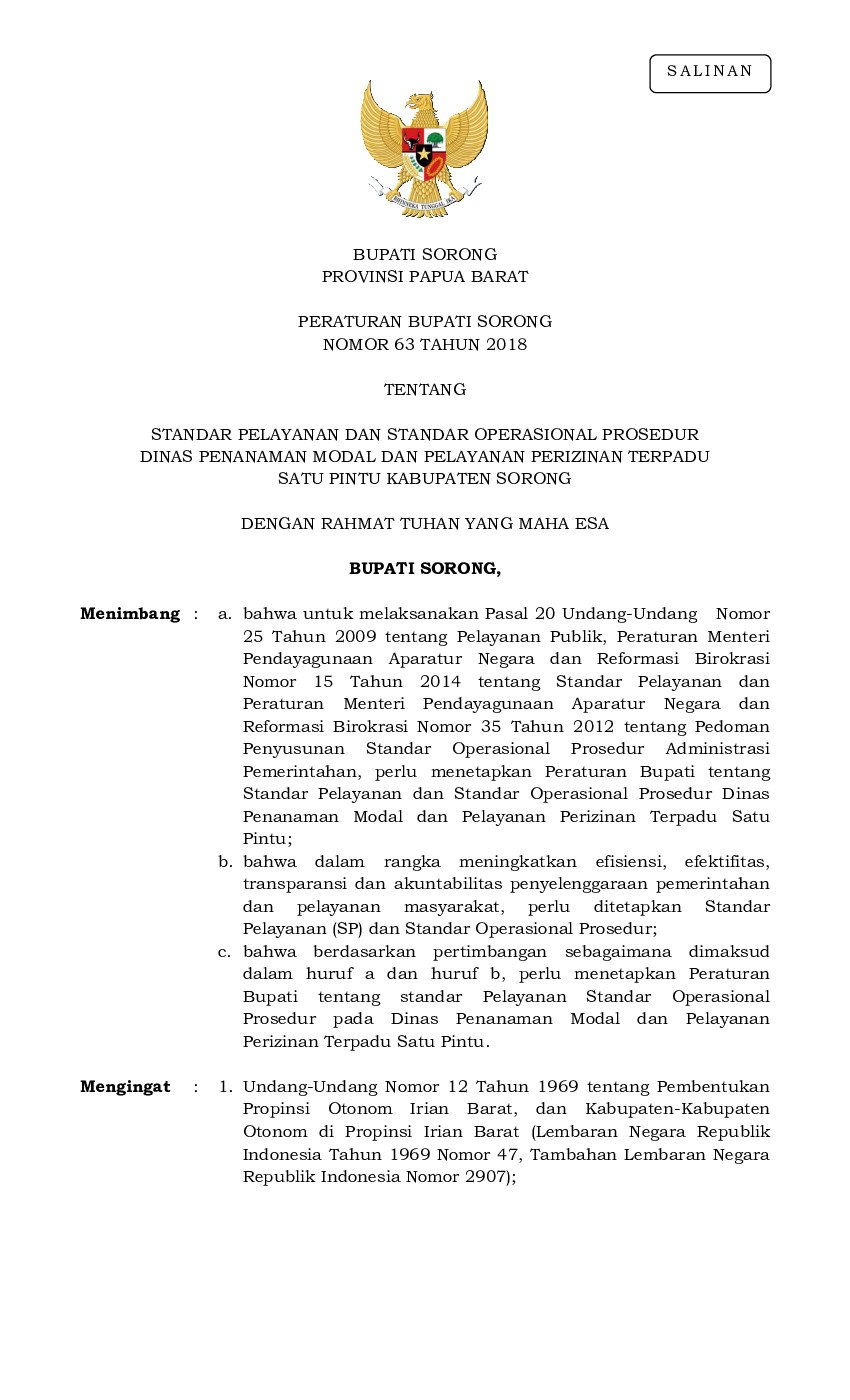 Peraturan Bupati Sorong No 63 tahun 2018 tentang Standar Pelayanan dan Standar Operasional Prosedur Dinas Penanaman Modal dan Pelayanan Perizinan Terpadu Satu Pintu Kabupaten Sorong