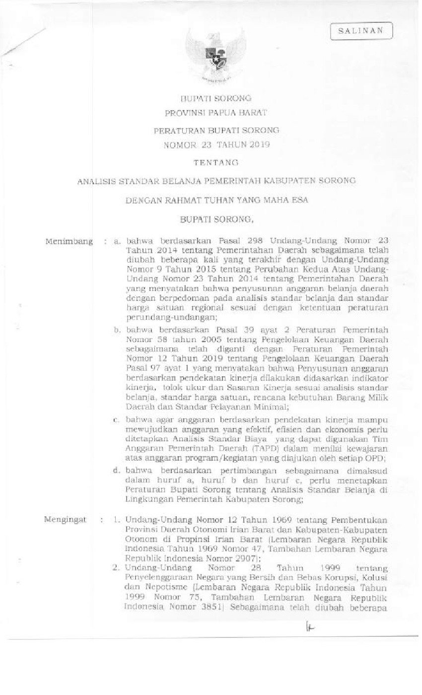 Peraturan Bupati Sorong No 23 tahun 2019 tentang Analisis Standar Belanja Pemerintah Kabupaten Sorong