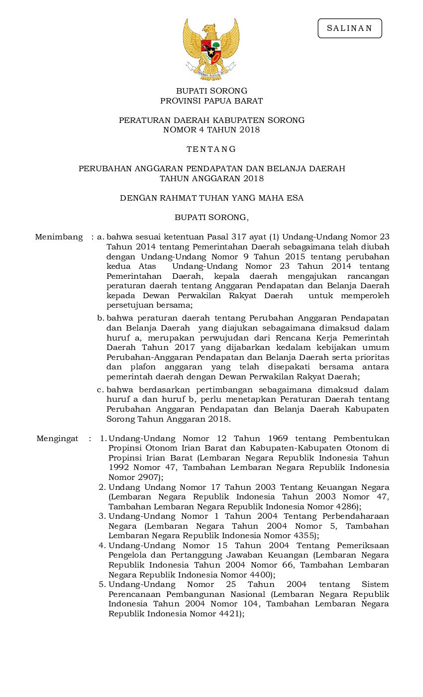 Peraturan Daerah Kabupaten Sorong No 4 tahun 2018 tentang Perubahan Anggaran Pendapatan dan Belanja Daerah Tahun Anggaran 2018