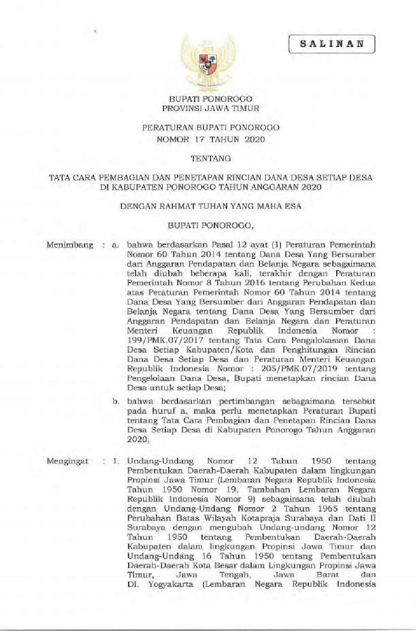Peraturan Bupati Ponorogo No 17 tahun 2020 tentang Tata Cara Pembagian dan Penetapan Rincian Dana Desa Setiap Desa di Kabupaten Ponorogo Tahun Anggaran 2020