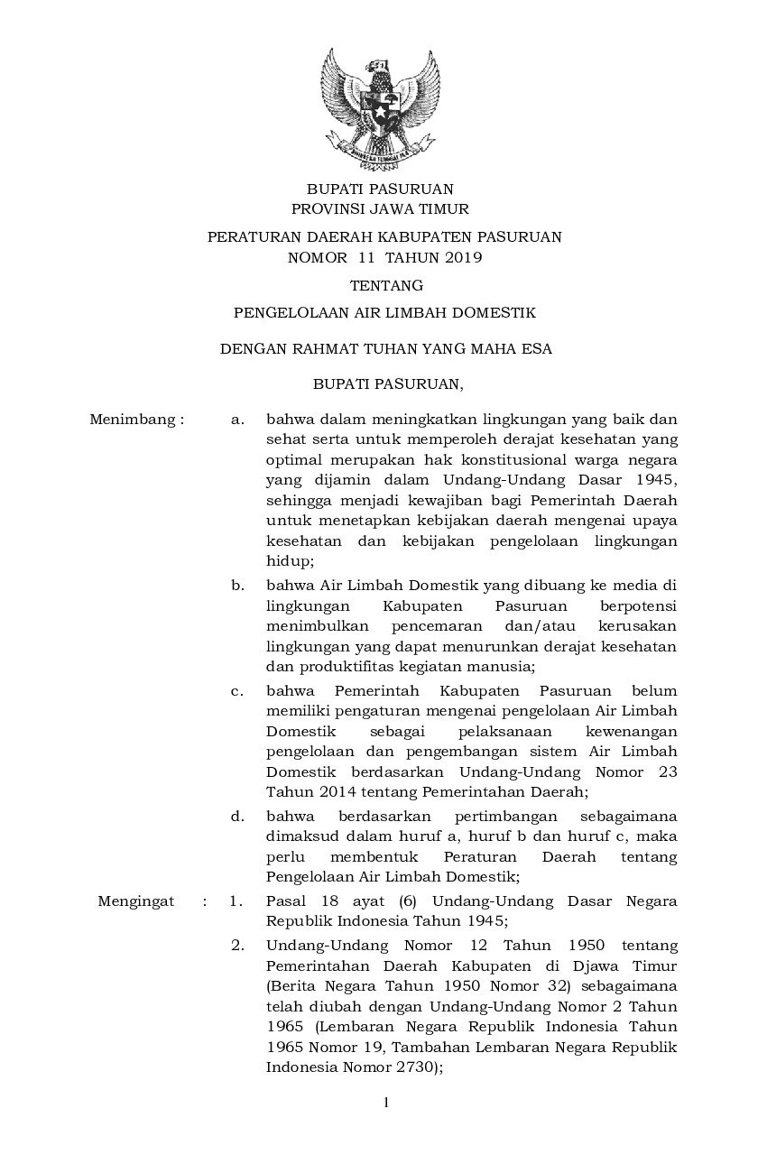 Peraturan Daerah Kabupaten Pasuruan No 11 tahun 2019 tentang Pengelolaan Air Limbah Domestik