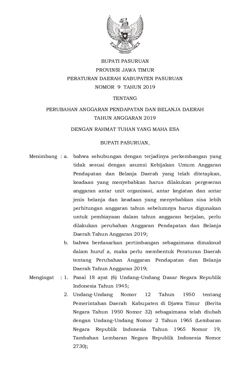 Peraturan Daerah Kabupaten Pasuruan No 9 tahun 2019 tentang Perubahan Anggaran Pendapatan dan Belanja Daerah Tahun Anggaran 2019