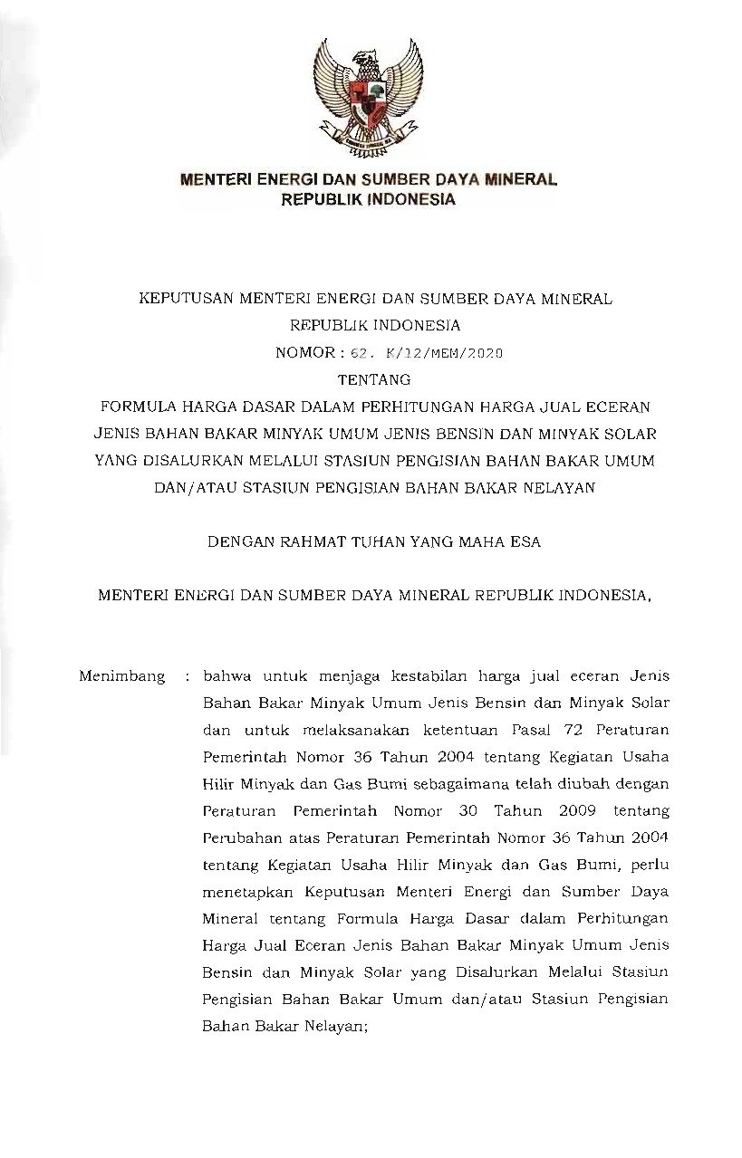 Keputusan Menteri Energi Dan Sumber Daya Mineral No 62.K/12/MEM/2020 ...