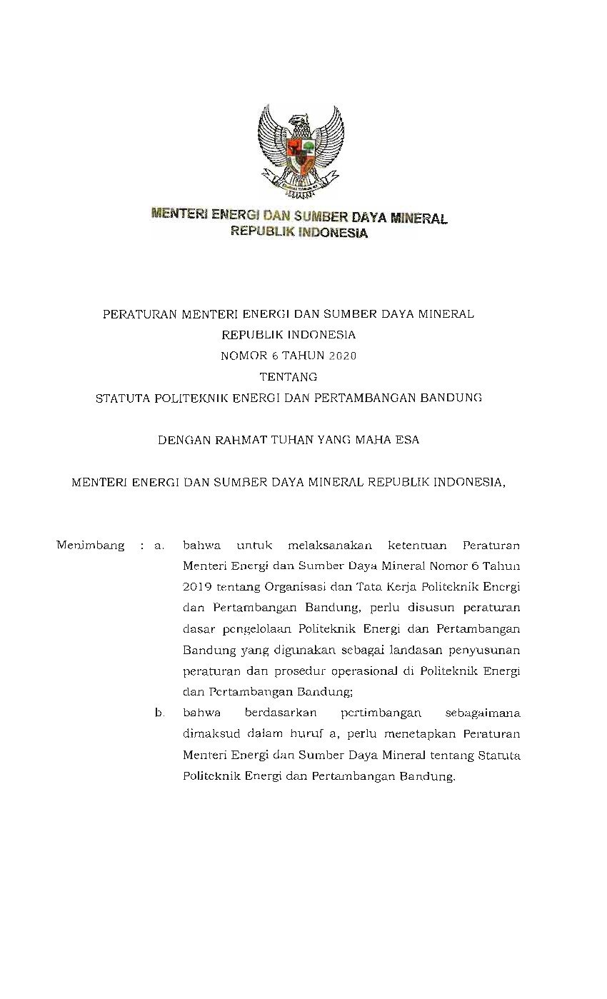 Peraturan Menteri Energi dan Sumber Daya Mineral No 6 tahun 2020 tentang Statuta Politeknik Energi dan Pertambangan Bandung