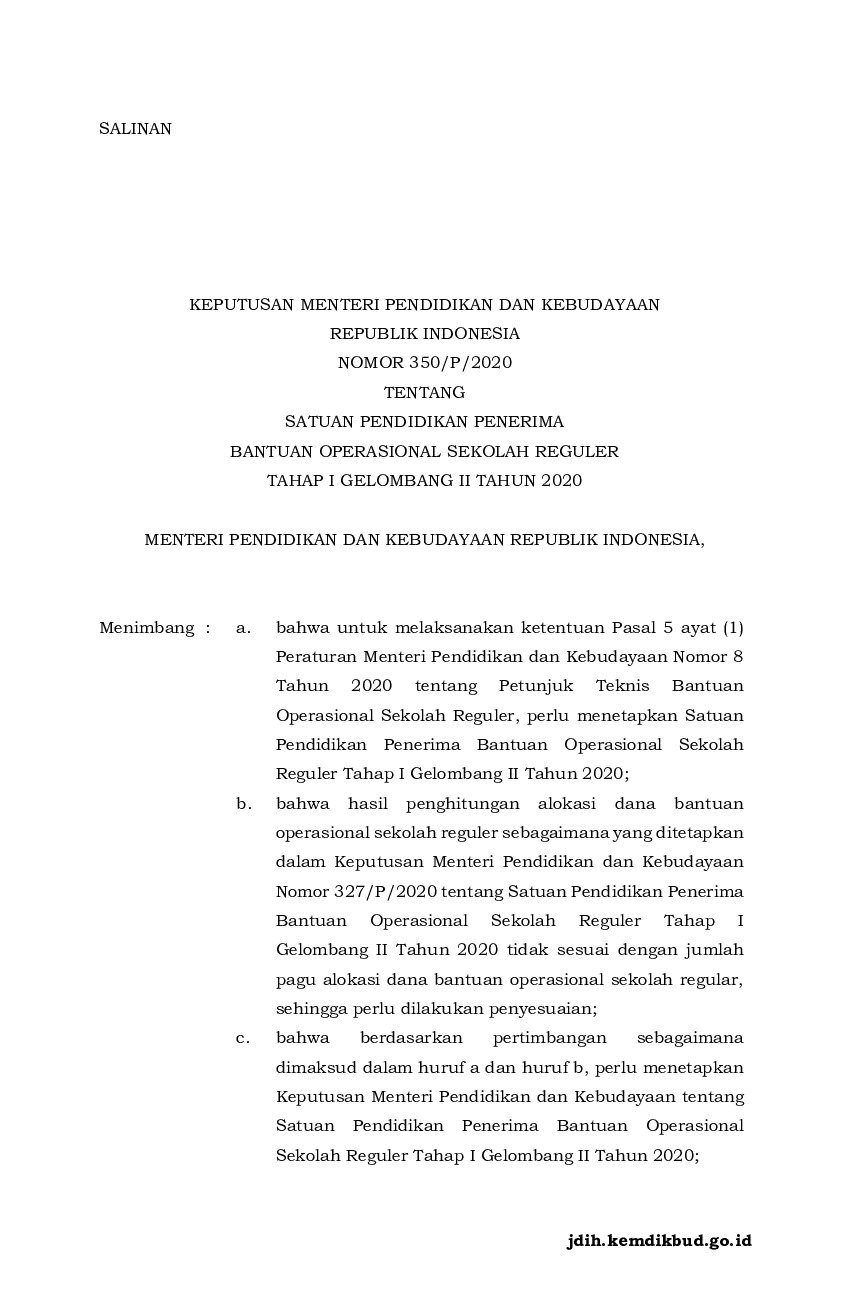 Keputusan Menteri Pendidikan dan Kebudayaan No 350/P/2020 tahun 2020 tentang Satuan Pendidikan Penerima Bantuan Operasional Sekolah Reguler Tahap I Gelombang II Tahun 2020