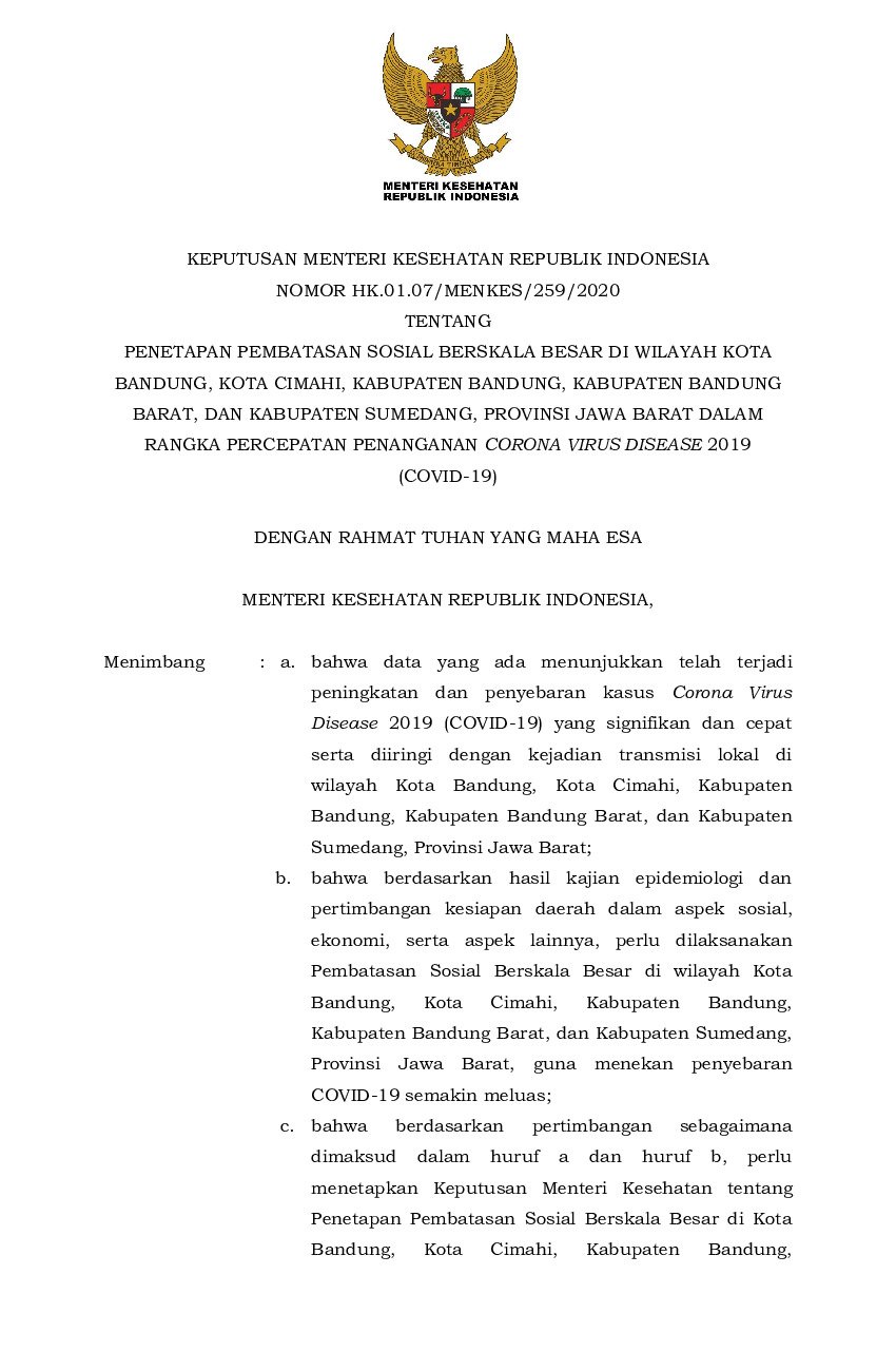Keputusan Menteri Kesehatan No HK.01.07/MENKES/259/2020 tahun 2020 tentang Penetapan Pembatasan Sosial Berskala Besar di Wilayah Kota Bandung, Kota Cimahi, Kabupaten Bandung, Kabupaten Bandung Barat, dan Kabupaten Sumedang, Provinsi Jawa Barat dalam Rangka Percepatan Penanganan Corona Virus Disease 2019 (Covid-19)