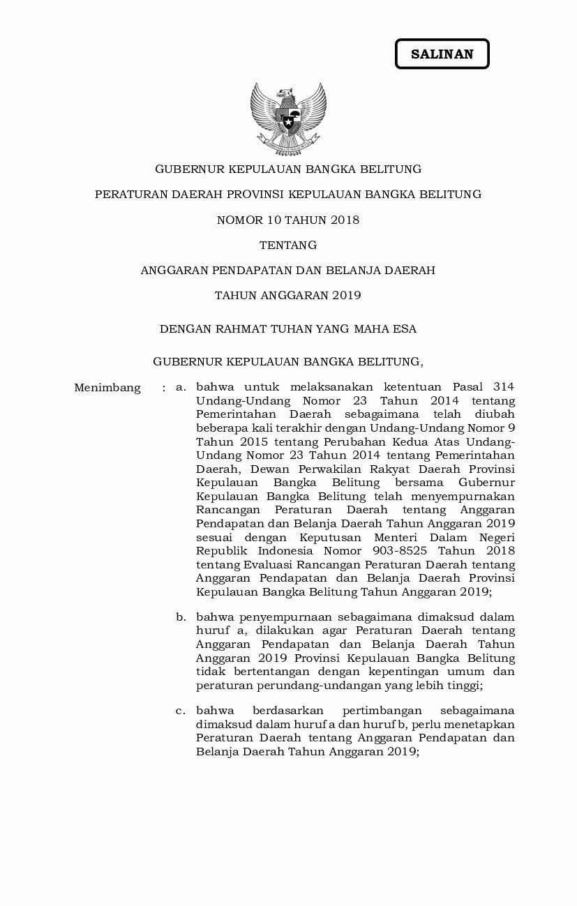 Peraturan Daerah Provinsi Bangka Belitung No 10 tahun 2018 tentang Anggaran Pendapatan dan Belanja Daerah Tahun Anggaran 2019