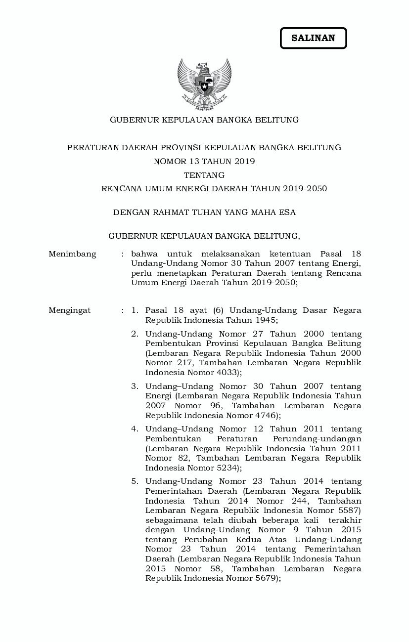 Peraturan Daerah Provinsi Bangka Belitung No 13 tahun 2019 tentang Rencana Umum Energi Daerah Tahun 2019-2050