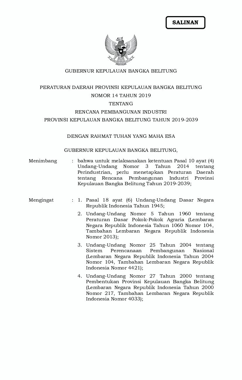 Peraturan Daerah Provinsi Bangka Belitung No 14 tahun 2019 tentang Rencana Pembangunan Industri Provinsi Kepulauan Bangka Belitung Tahun 2019-2039