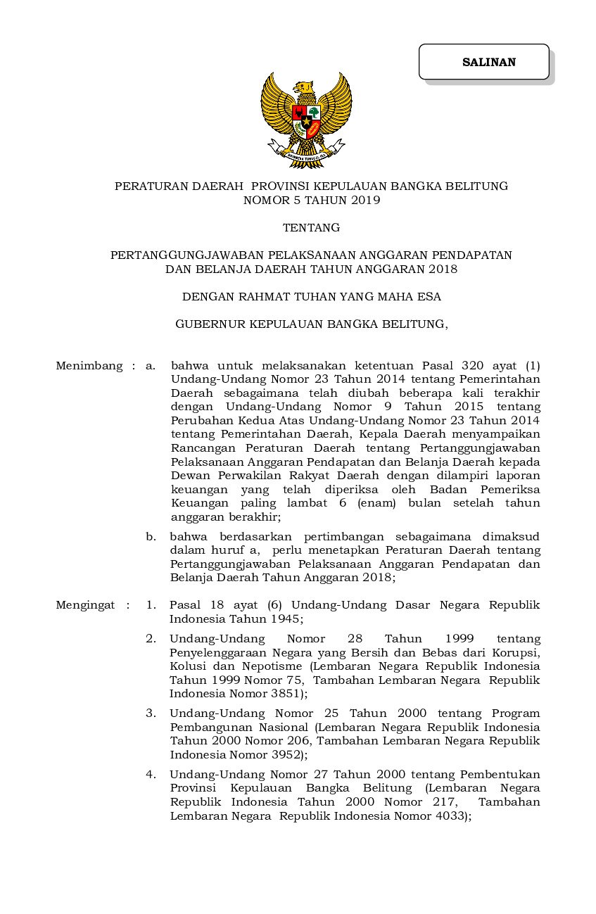 Peraturan Daerah Provinsi Bangka Belitung No 5 tahun 2019 tentang Pertanggungjawaban Pelaksanaan Anggaran Pendapatan dan Belanja Daerah Tahun Anggaran 2018