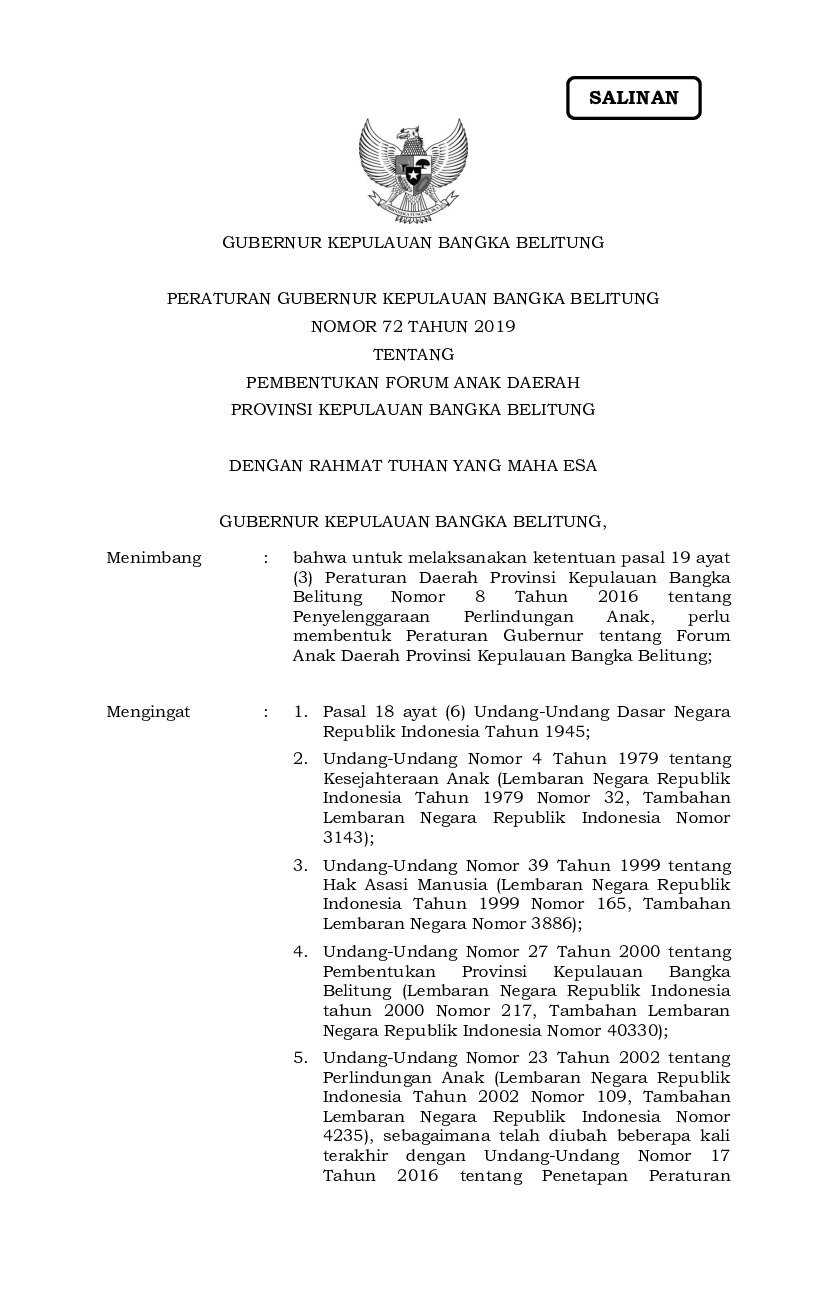 Peraturan Gubernur Bangka Belitung No 72 tahun 2019 tentang Pembentukan Forum Anak Daerah Provinsi Kepulauan Bangka Belitung