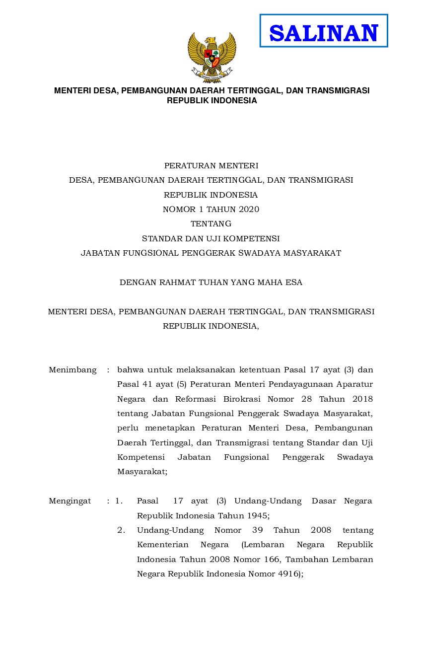 Peraturan Menteri Desa, Pembangunan Daerah Tertinggal, Dan Transmigrasi No 1 tahun 2020 tentang Standar dan Uji Kompetensi Jabatan Fungsional Penggerak Swadaya Masyarakat