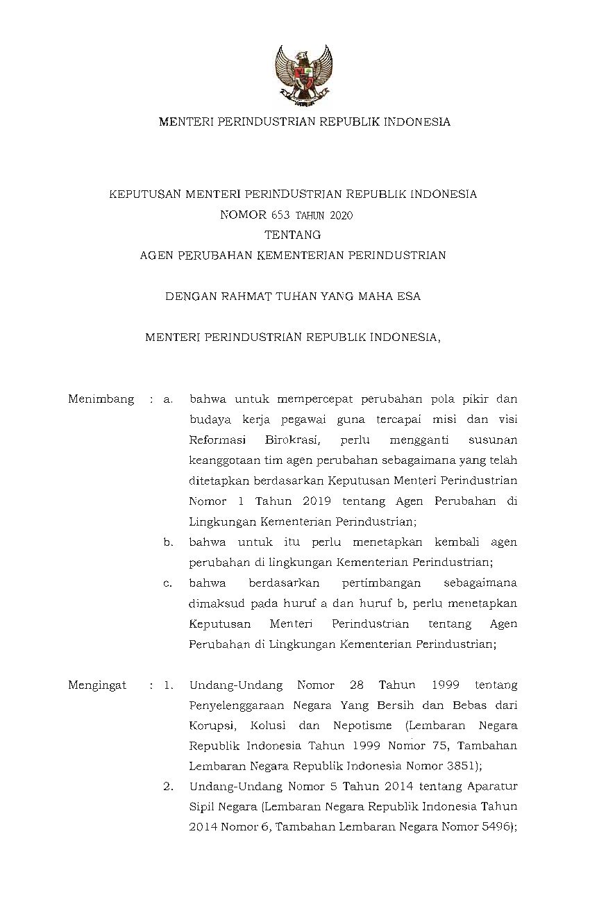 Keputusan Menteri Perindustrian No 653 tahun 2020 tentang Agen Perubahan Kementerian Perindustrian