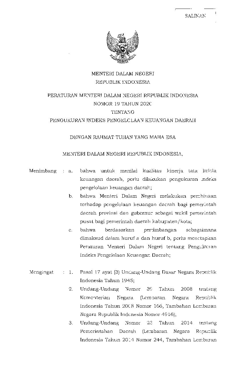 Peraturan Menteri Dalam Negeri No 19 tahun 2020 tentang Pengukuran Indeks Pengelolaan Keuangan Daerah