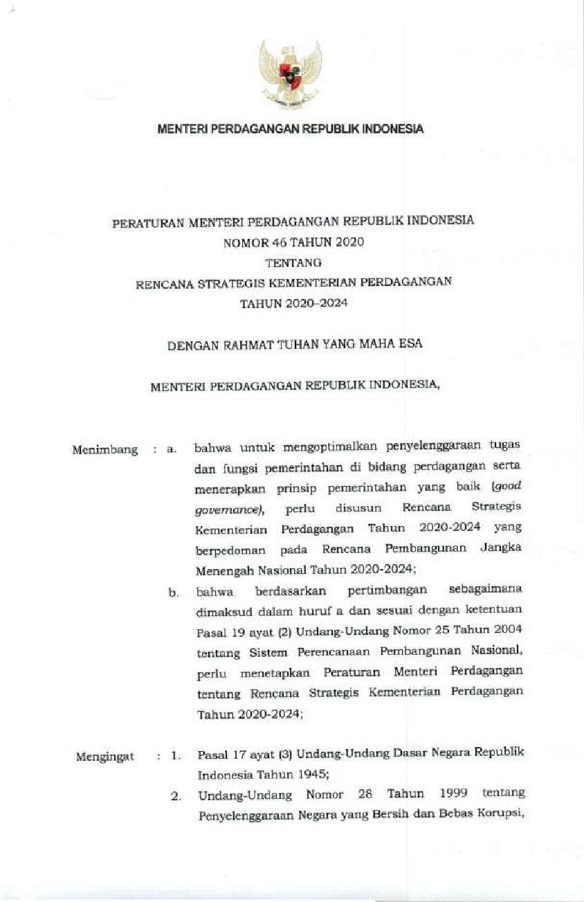 Peraturan Menteri Perdagangan No 46 Tahun 2020 Tentang Rencana ...