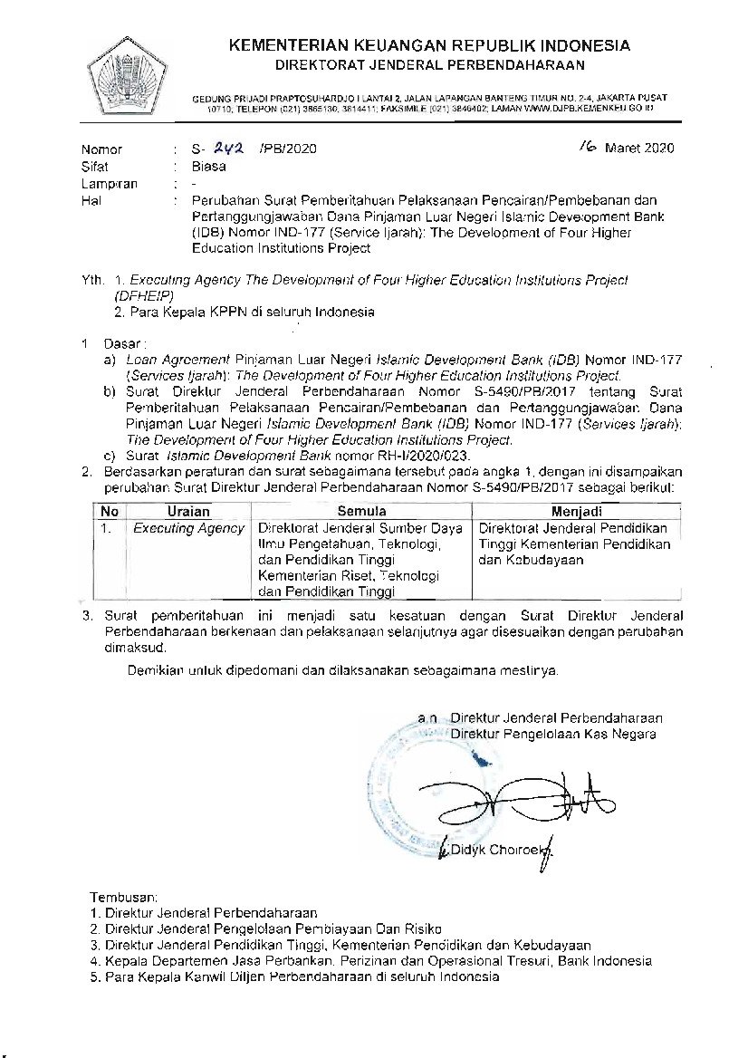 Surat Dirjen Perbendaharaan No S-242/PB/2020 tahun 2020 tentang Perubahan Surat Pemberitahuan Pelaksanaan Pencairan/Pembebanan dan Pertanggungjawaban Dana Pinjaman Luar Negeri Islamic Development Bank (LOB) Nomor Ino-177 (Service Ijarah): the Development of Four Higher Education Institutions Project