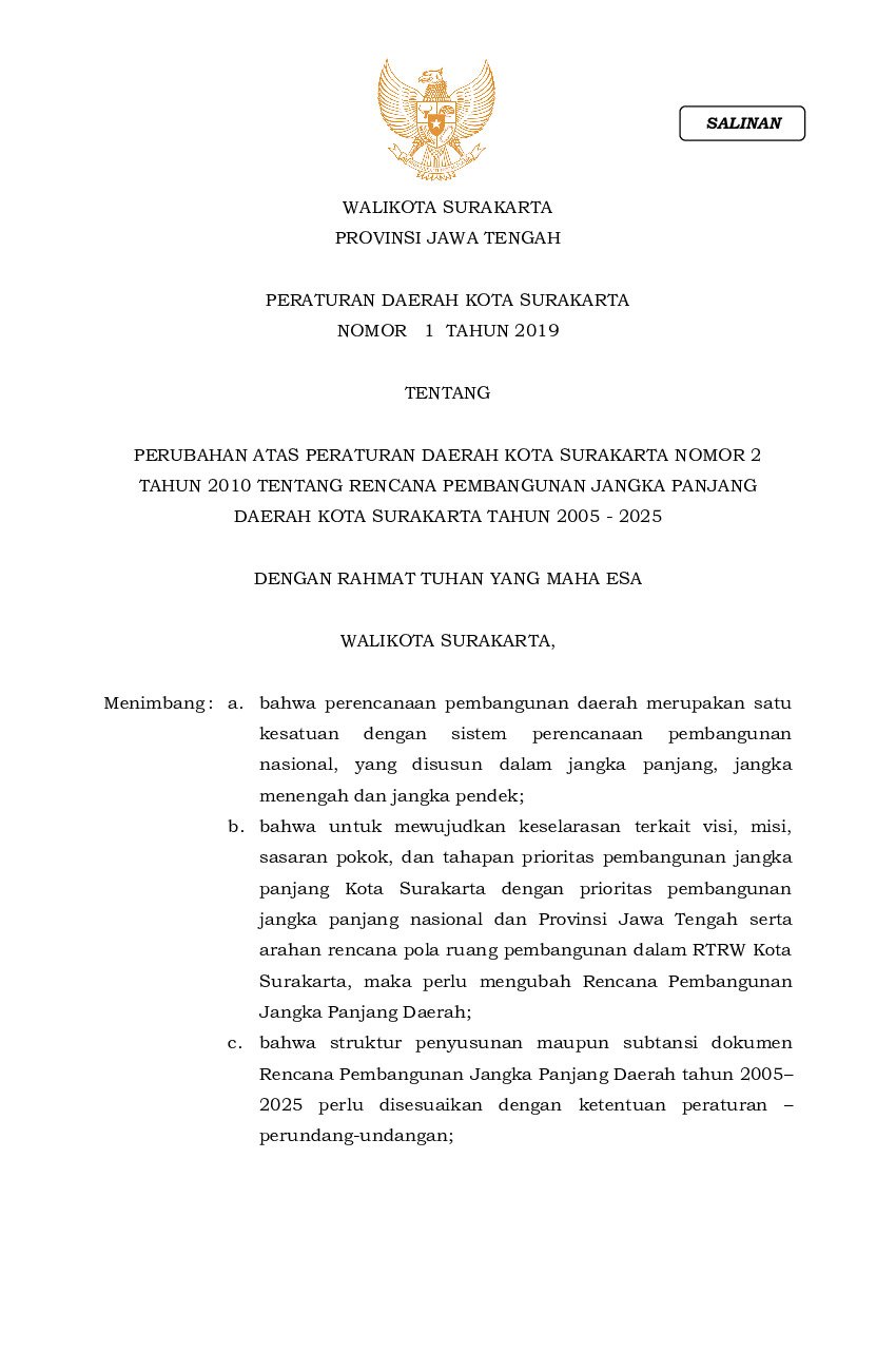 Peraturan Daerah Kota Surakarta No 1 Tahun 2019 Tentang Perubahan Atas Peraturan Daerah Kota 1234