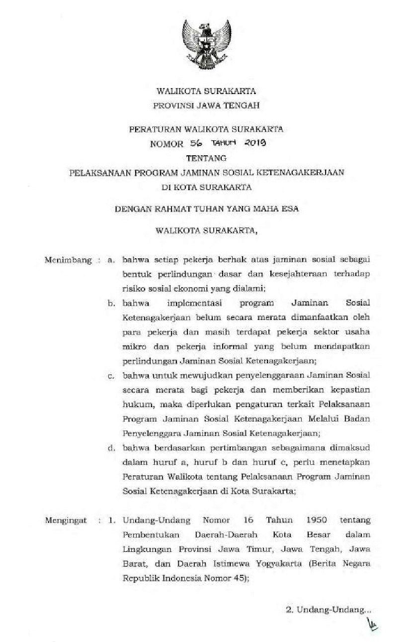 Peraturan Walikota Surakarta No 56 tahun 2019 tentang Pelaksanaan Program Jaminan Sosial Ketenagakerjaan di Kota Surakarta