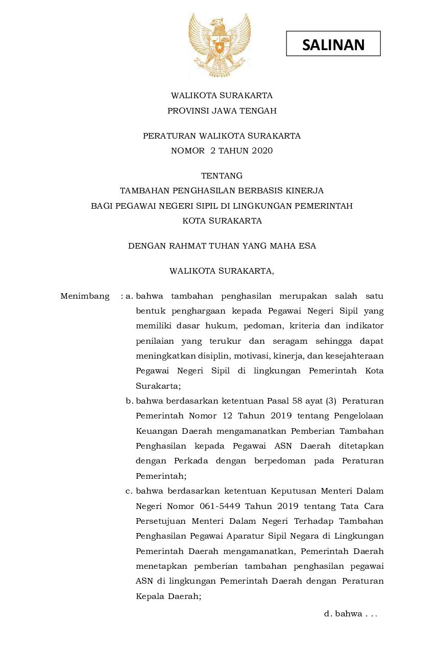 Peraturan Walikota Surakarta No 2 tahun 2020 tentang Tambahan Penghasilan Berbasis Kinerja bagi Pegawai Sipil di Lingkungan Pemerintah Kota Surakarta