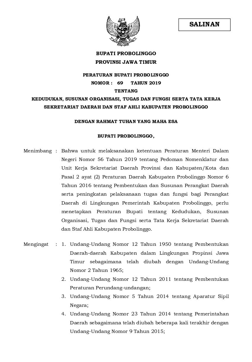 Peraturan Bupati Probolinggo No 69 tahun 2019 tentang Kedudukan, Susunan Organisasi, Tugas dan Fungsi Serta Tata Kerja Sekretariat Daerah dan Staf Ahli Kabupaten Probolinggo