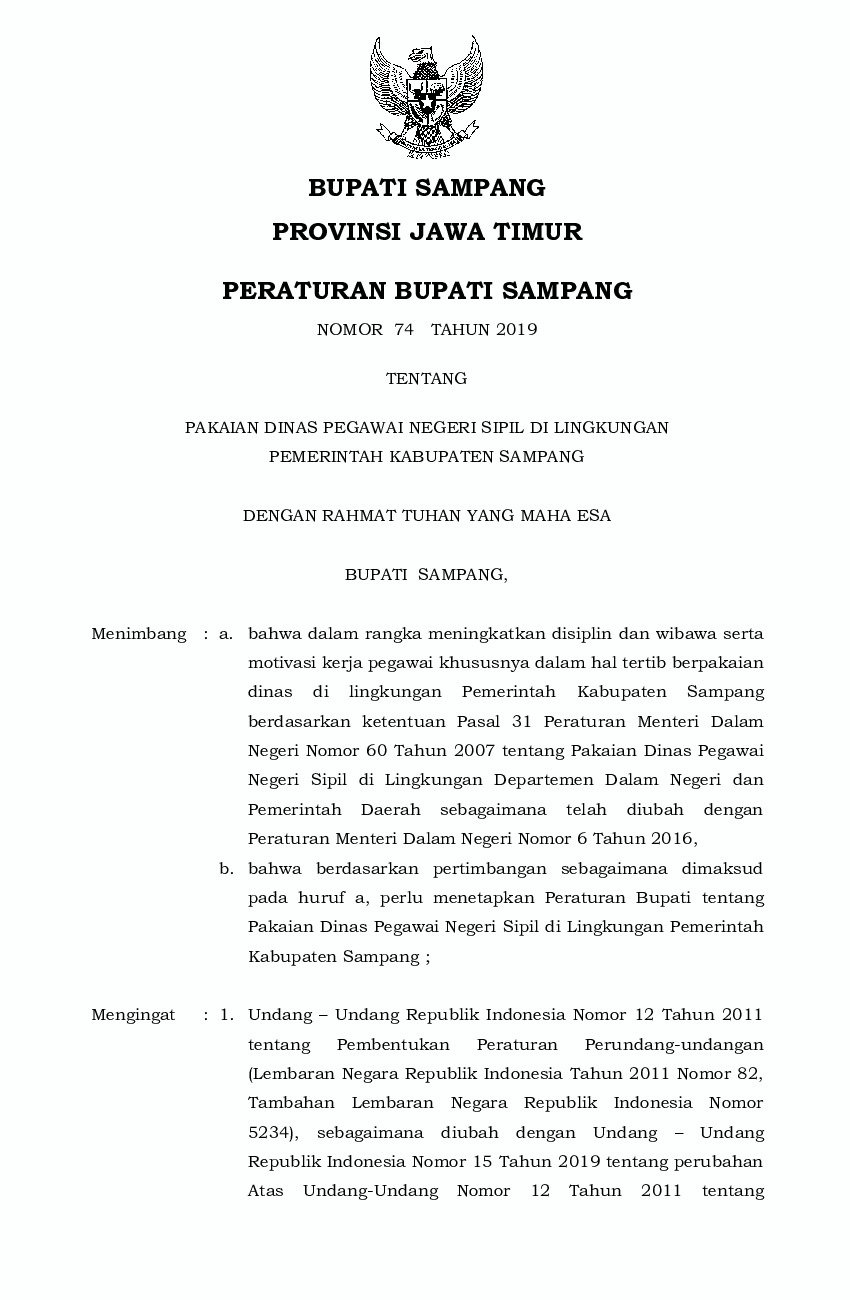 Peraturan Bupati Sampang No 74 tahun 2019 tentang Pakaian Dinas Pegawai Negeri Sipil di Lingkungan Pemerintah Kabupaten Sampang