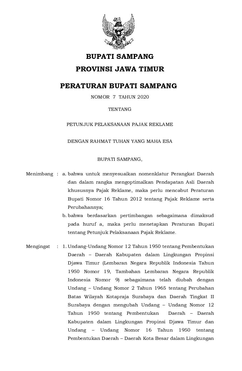 Peraturan Bupati Sampang No 7 tahun 2020 tentang Petunjuk Pelaksanaan Pajak Reklame