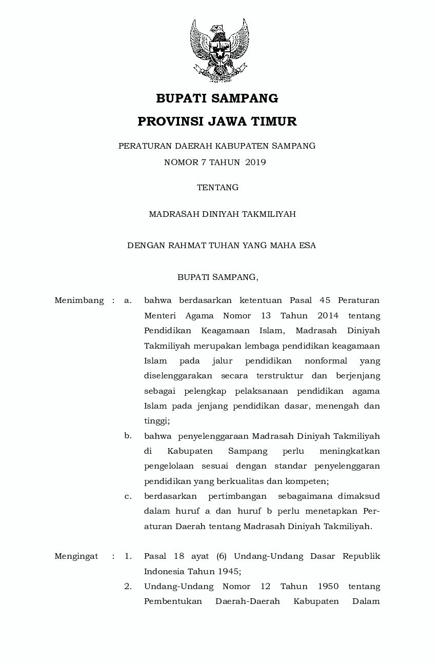 Peraturan Daerah Kab. Sampang No 7 tahun 2019 tentang Madrasah Diniyah Takmiliyah