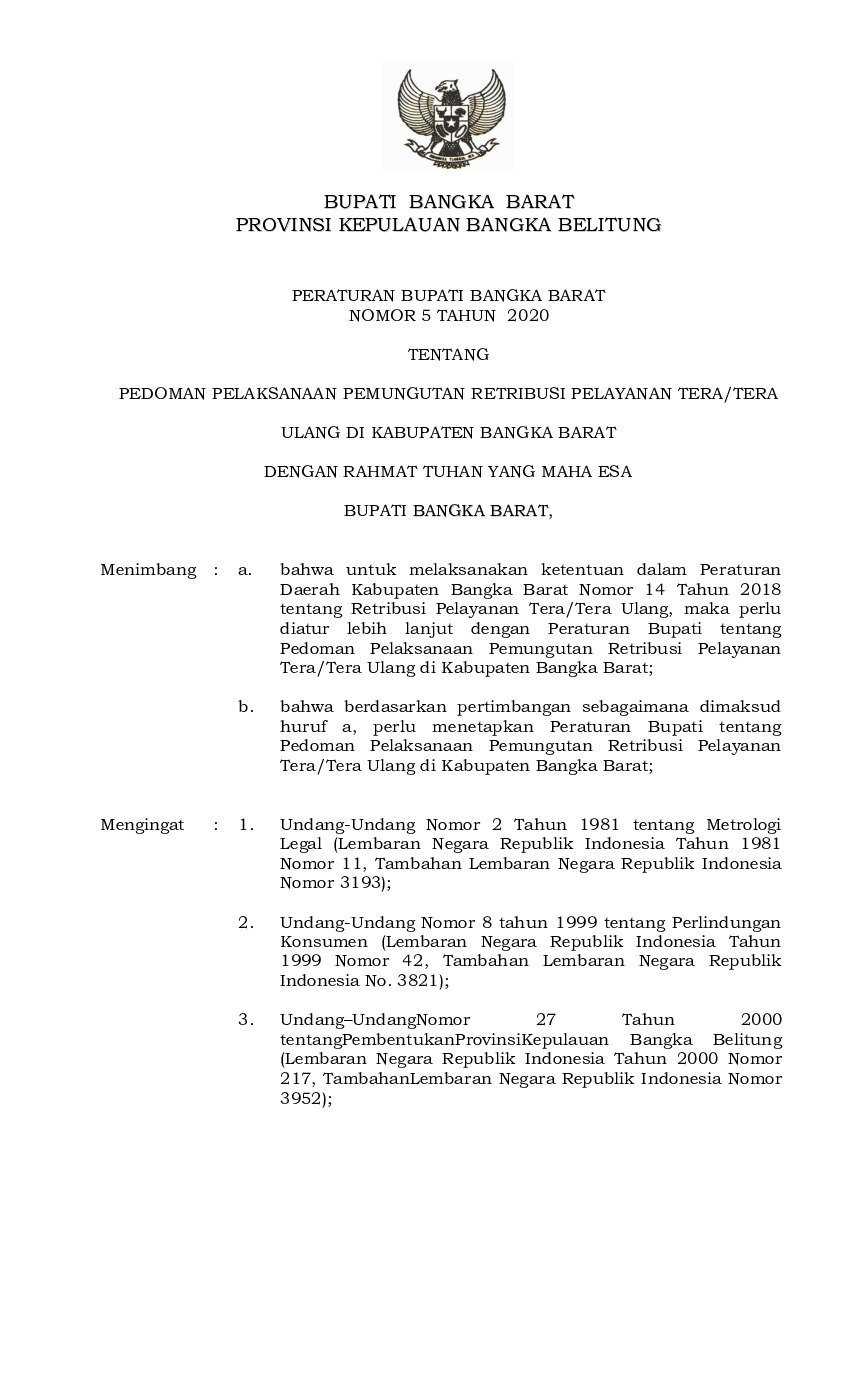 Peraturan Bupati Bangka Barat No 5 tahun 2020 tentang Pedoman Pelaksanaan Pemungutan Retribusi Pelayanan Tera/Tera Ulang di Kabupaten Bangka Barat