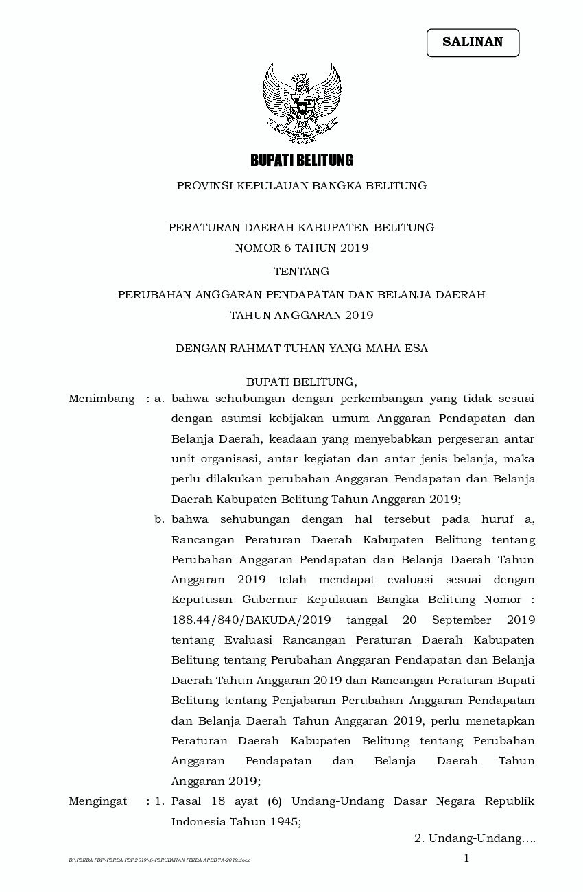 Peraturan Daerah Kab. Belitung No 6 tahun 2019 tentang Perubahan Anggaran Pendapatan dan Belanja Daerah Tahun Anggaran 2019