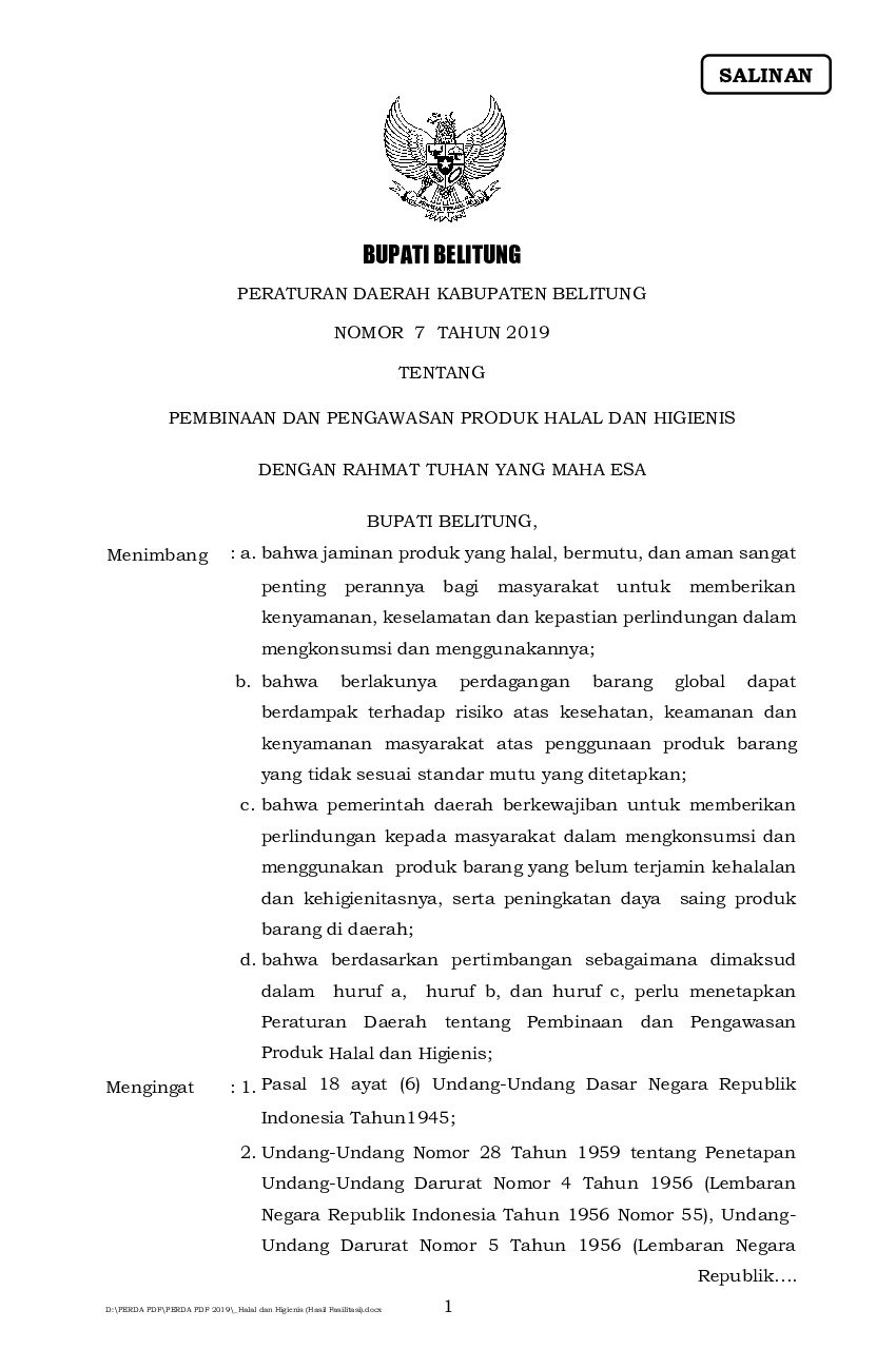 Peraturan Daerah Kab. Belitung No 7 tahun 2019 tentang Pembinaan dan Pengawasan Produk Halal dan Higienis
