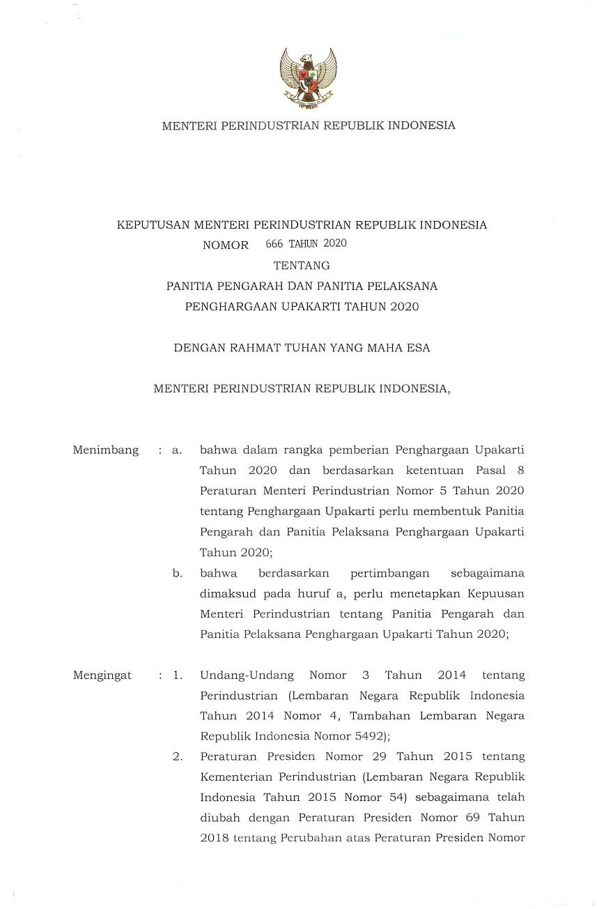 Keputusan Menteri Perindustrian No 666 tahun 2020 tentang Panitia Pengarah dan Panitia Pelaksana Penghargaan Upakarti Tahun 2020