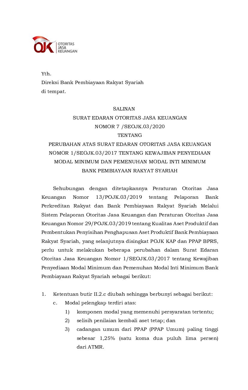 Surat Edaran Otoritas Jasa Keuangan No 7/SEOJK.03/2020 Tahun 2020 ...