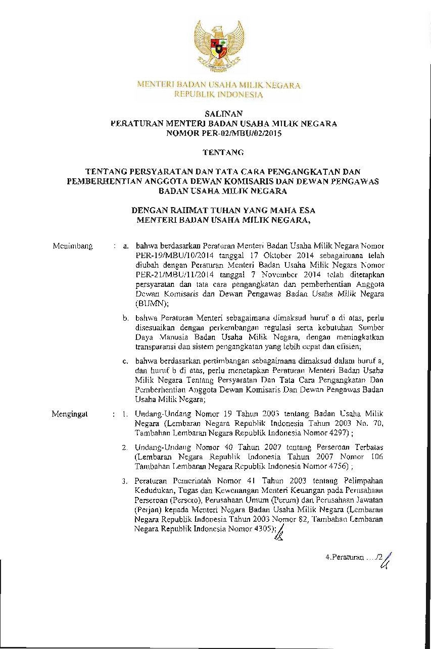 Peraturan Menteri Badan Usaha Milik Negara (BUMN) No PER-02/MBU/02/2015 ...