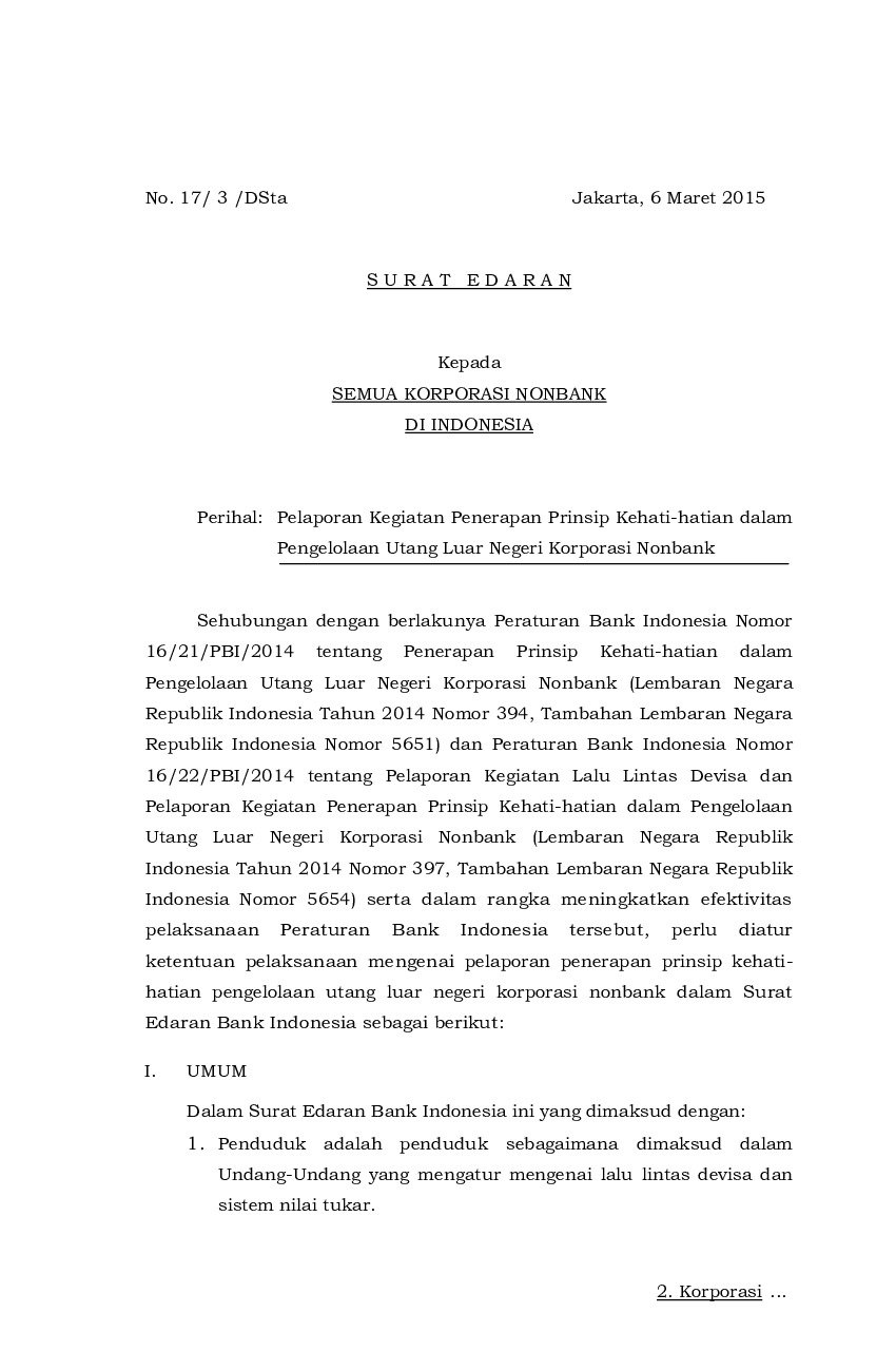 Surat Edaran Bank Indonesia (BI) No 17/3/DSta tahun 2015 tentang Pelaporan Kegiatan Penerapan Prinsip Kehati-hatian dalam Pengelolaan Utang Luar Negeri Korporasi Nonbank