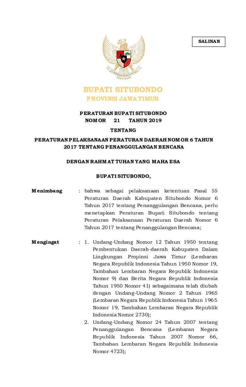 Peraturan Bupati Situbondo No 21 tahun 2019 tentang Peraturan Pelaksanaan Peraturan Daerah Nomor 6 Tahun 2017 tentang Penanggulangan Bencana