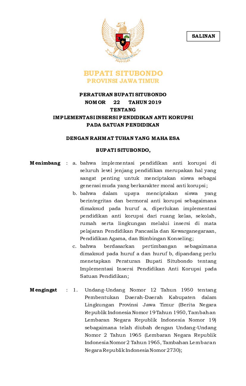 Peraturan Bupati Situbondo No 22 tahun 2019 tentang Implementasi Insersi Pendidikan Anti Korupsi pada Satuan Pendidikan