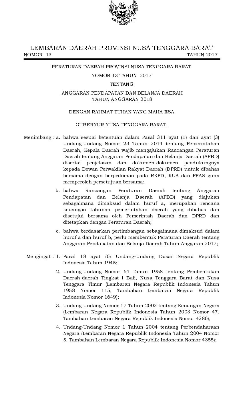 Peraturan Daerah Provinsi Nusa Tenggara Barat No 13 tahun 2017 tentang Anggaran Pendapatan dan Belanja Daerah Tahun Anggaran 2018