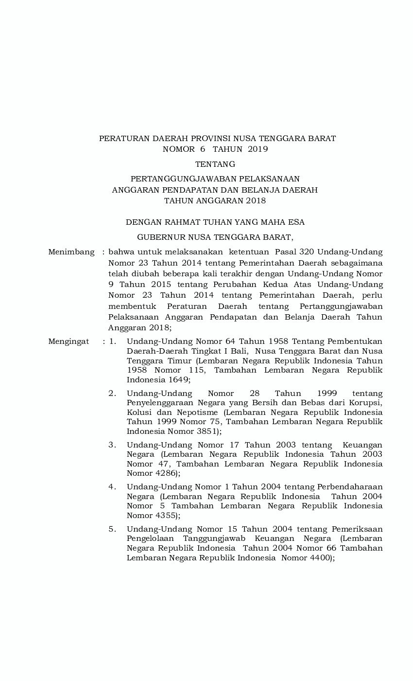Peraturan Daerah Provinsi Nusa Tenggara Barat No 6 tahun 2019 tentang Pertanggungjawaban Pelaksanaan Anggaran Pendapatan dan Belanja Daerah Tahun Anggaran 2018
