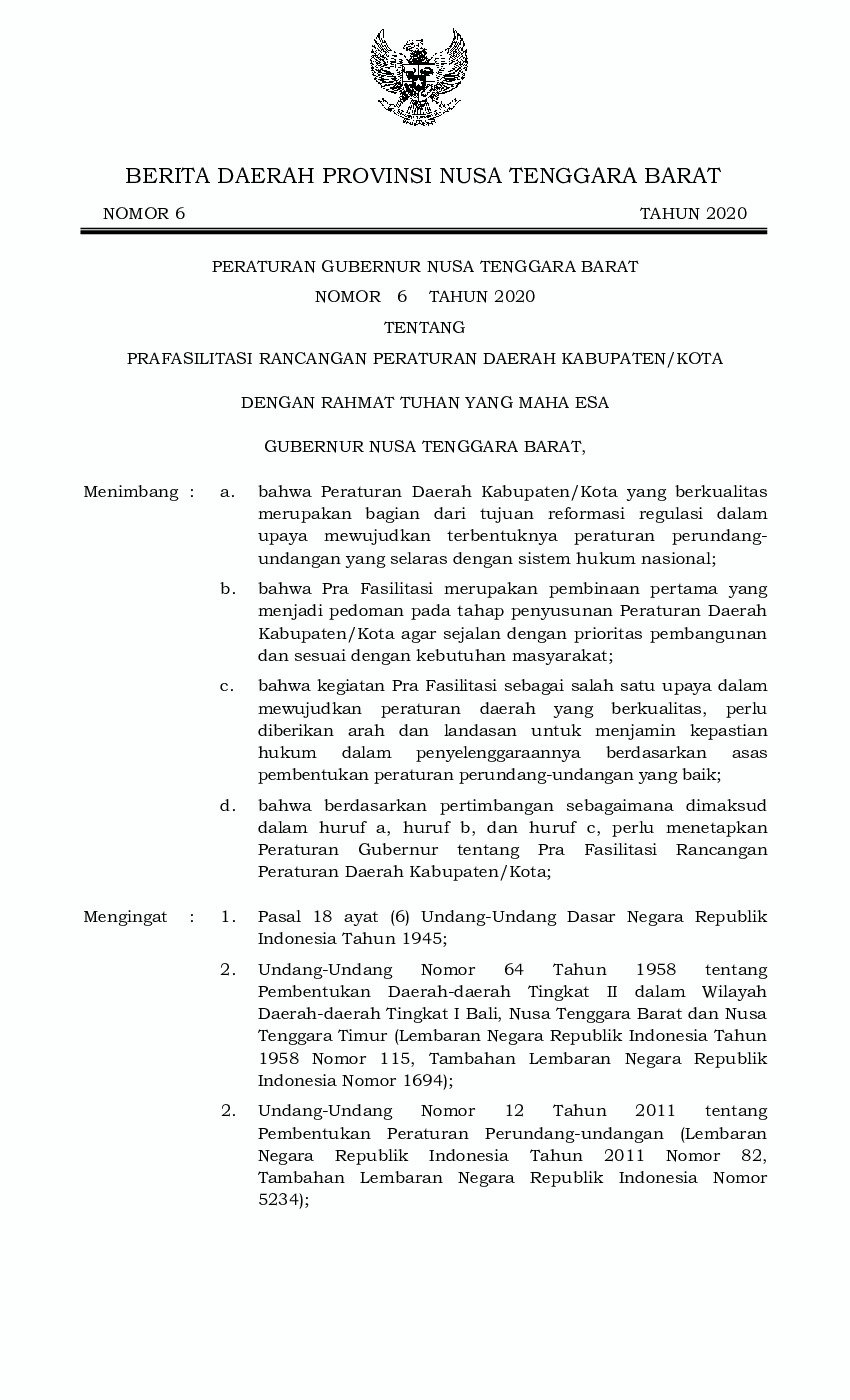 Peraturan Gubernur Nusa Tenggara Barat No 6 tahun 2020 tentang Prafasilitasi Rancangan Peraturan Daerah Kabupaten/Kota