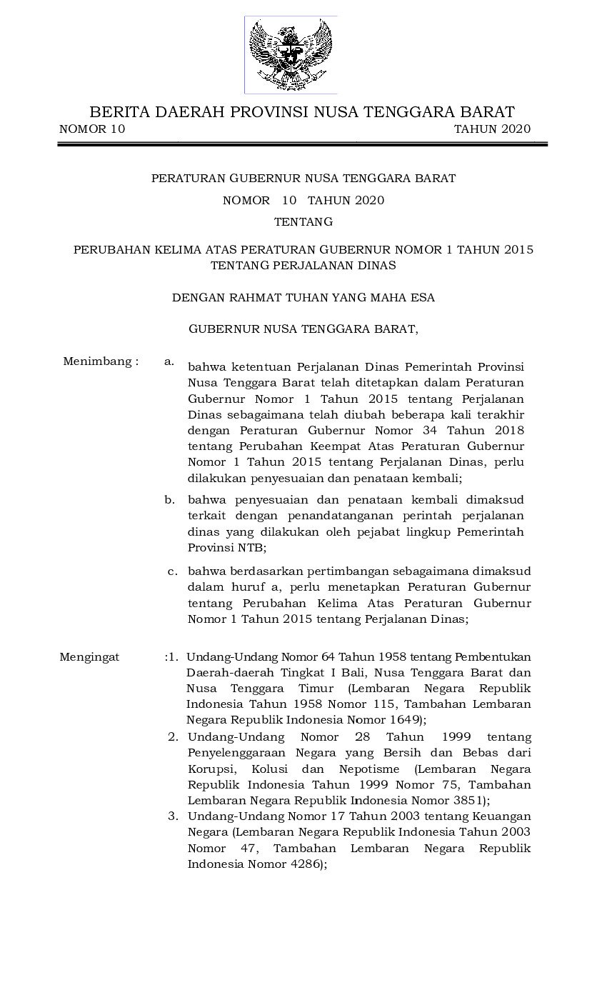 Peraturan Gubernur Nusa Tenggara Barat No 10 tahun 2020 tentang Perubahan Kelima atas Peraturan Gubernur Nomor 1 Tahun 2015 tentang Perjalanan Dinas