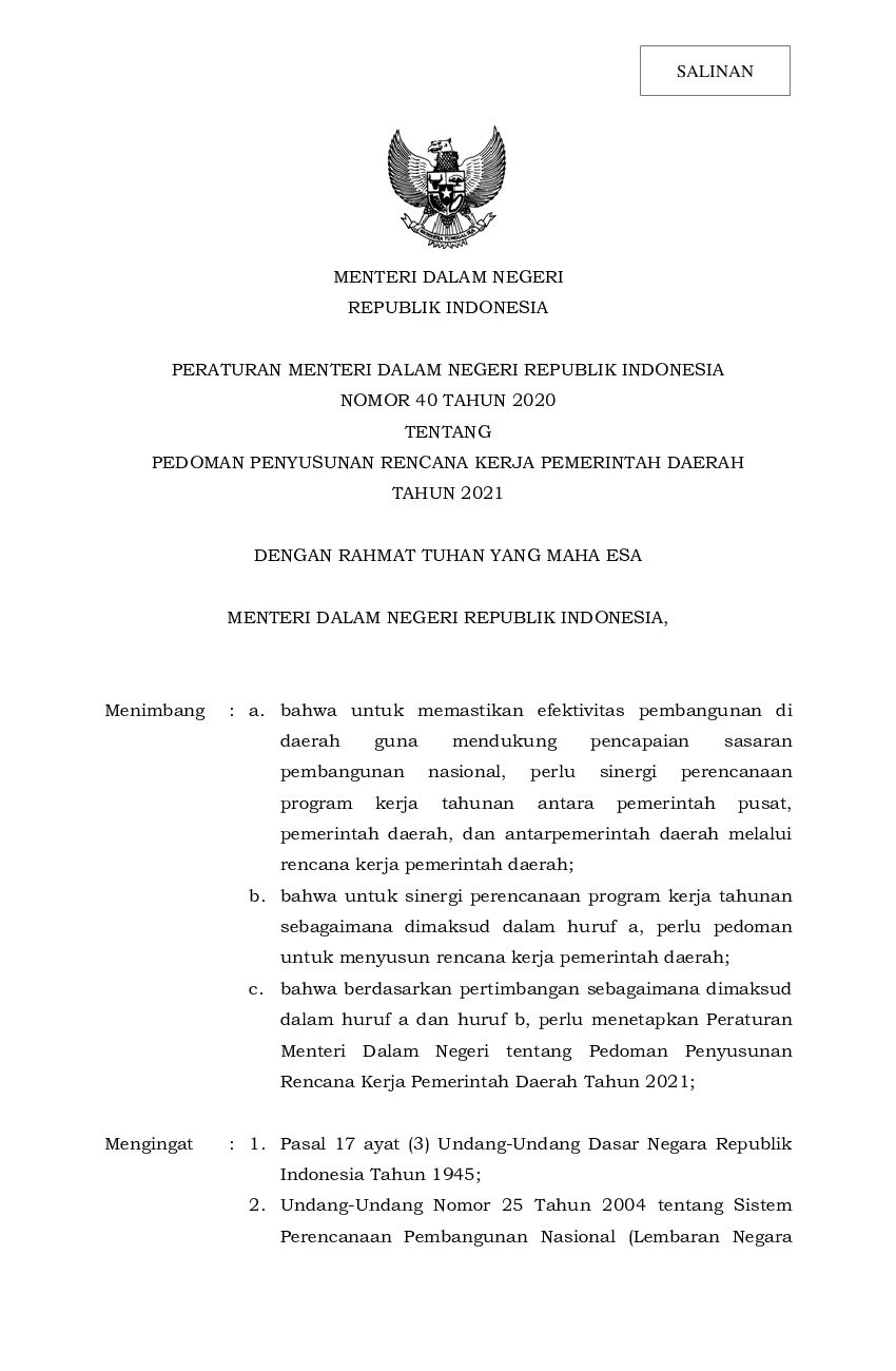 Peraturan Menteri Dalam Negeri No 40 Tahun 2020 Tentang Pedoman Penyusunan Rencana Kerja